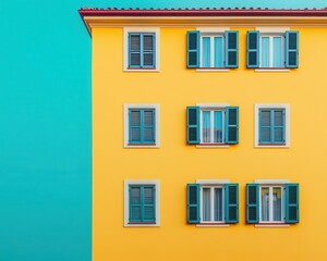 Obraz premium Bright yellow hostel with colorful window shutters, lively, and cheerful appearance