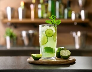 Fancy limeade cocktail or mocktail in clear glass with mint garnish surrounded by limes in a kitchen