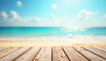 Fototapeta premium Empty wooden log on rustic table over blurred sea beach background. Summer mock up for design and product display.