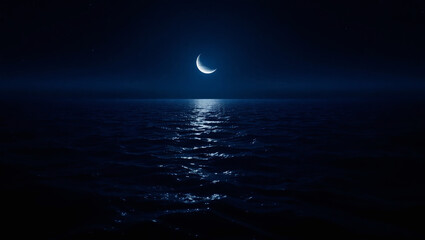 Fototapeta premium Silvery Moonlight Reflecting Across Ocean Surface, Ethereal Night Scene with Blue Glow Toward Horizon, Tranquil and Mysterious Beauty of the Sea Under Moonlit Sky.