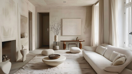 Salon minimaliste avec mobilier blanc et touches de bois naturel.