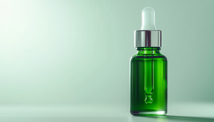 Fototapeta premium Green glass dropper bottle on a light background, perfect for skincare.