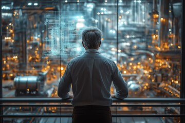 Fototapeta premium An engineer in a modern factory stands on a balcony, looking at blueprints of the factory and machinery working inside the building.