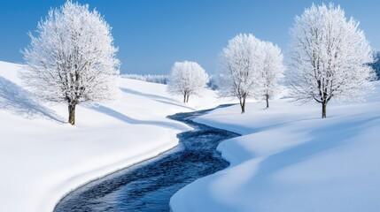 Obraz premium A serene winter landscape featuring snow-covered hills, frosty trees, and a winding river under a clear blue sky.