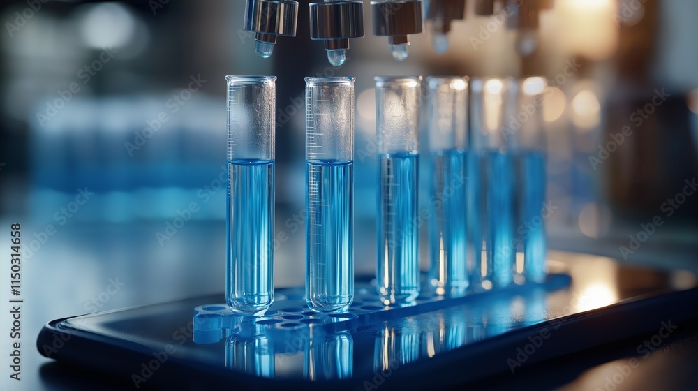 Poster a group of scientists engage in teamwork, examining vibrant blue liquid samples displayed in test tu