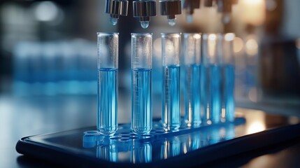 A group of scientists engage in teamwork, examining vibrant blue liquid samples displayed in test tubes. The modern laboratory setting enhances their collaborative efforts for research
