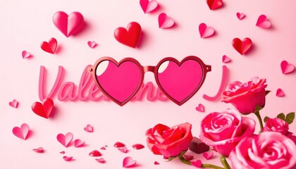 Obraz premium Playful Valentine’s Day vector featuring heart-shaped sunglasses and romantic typography.