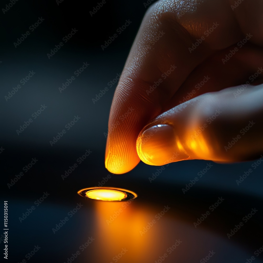 Aufkleber soft glow of warm light activated by a fingertip on a dark surface in a quiet, intimate setting duri