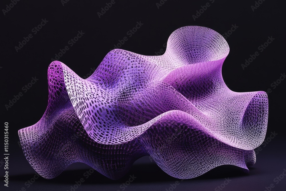 Poster 3d abstract sculpture with intricate purple mesh patterns showcasing depth and movement against a da