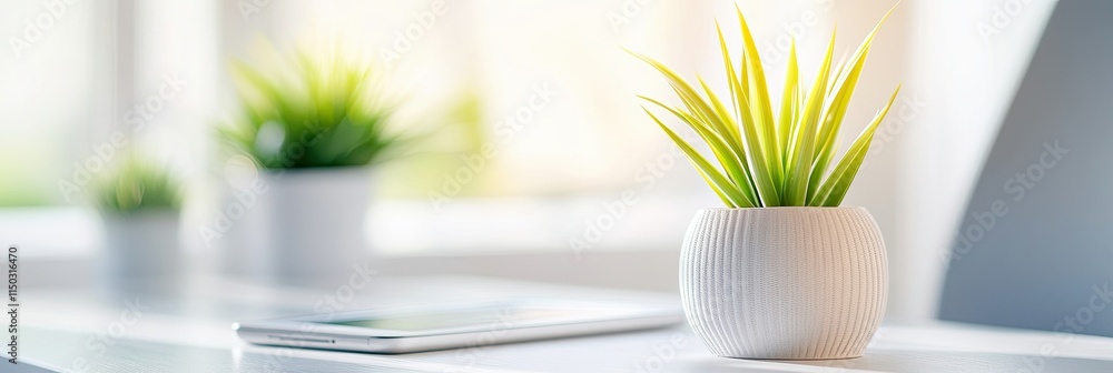 Aufkleber Digital Reading Experience on a Sleek Desk With Modern Greenery and a Tablet Display