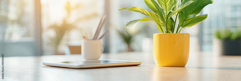 Poster digital library exploration with a vibrant desk setting and plant in natural light