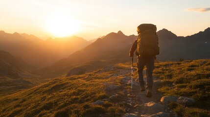Travel Adventure in Nature: Young Backpacker Crossing Rugged Mountain Trail at Sunset