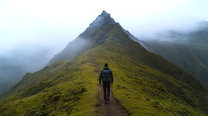Trekking for Nature Exploration: Solo Trekker on Narrow Mountain Path Surrounded by Peaks and Mist
