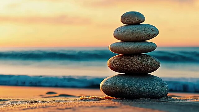 Balanced stack of smooth pebbles on sandy beach at sunset with ocean waves in background.