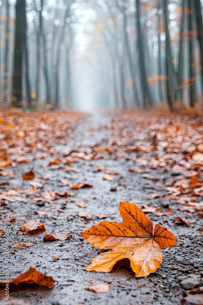 Poster winding path through a foggy forest with fallen leaf in vibrant autumn hues