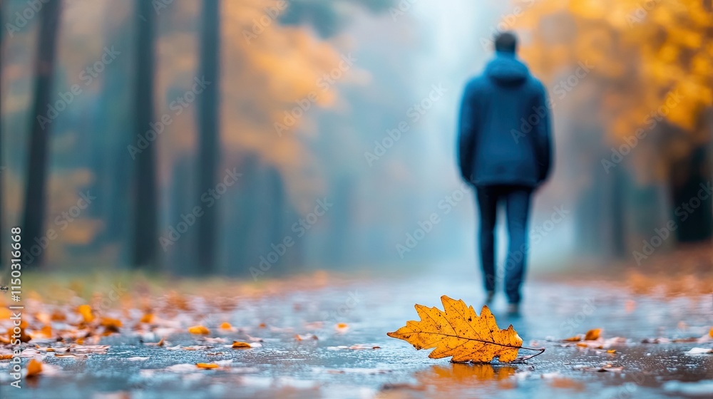 Poster winding forest path enveloped in fog with a solitary fallen leaf underscoring autumn's beauty
