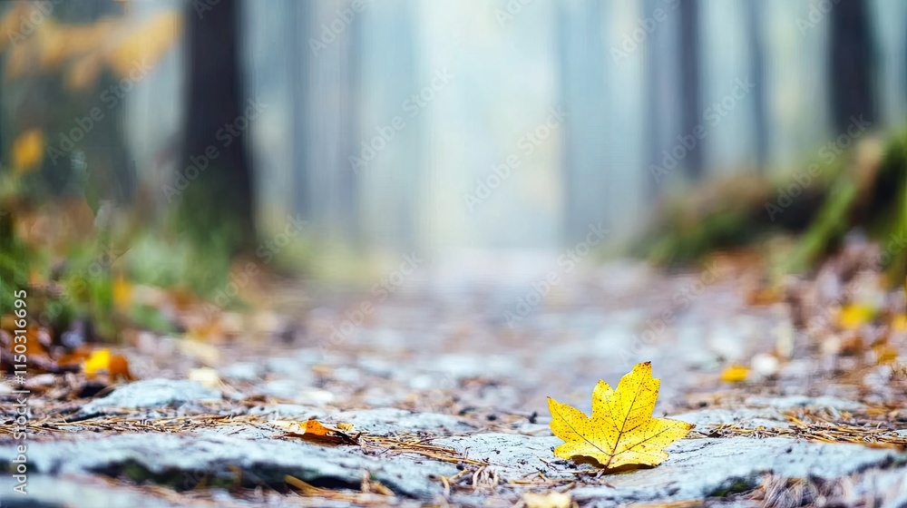 Poster winding path meanders through a foggy forest revealing a lone fallen leaf in tranquil solitude