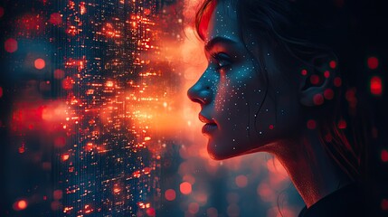 A futuristic person against a technology background with abstract bokeh and cyberpunk electronics represents big data, digital galaxies, and metaverse connectivity