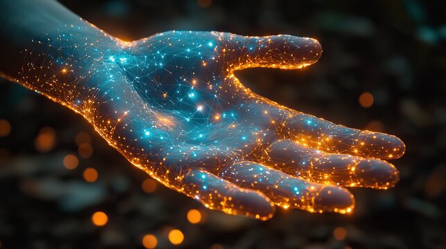 A futuristic polygon hand symbolizes online help and tech support, representing innovation and care in virtual assistance