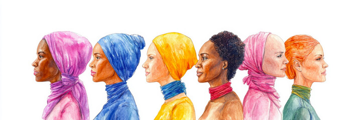 Illustration of group of multiracial women wearing scarves standing nearby. The concept of breast cancer awareness. World Cancer Day