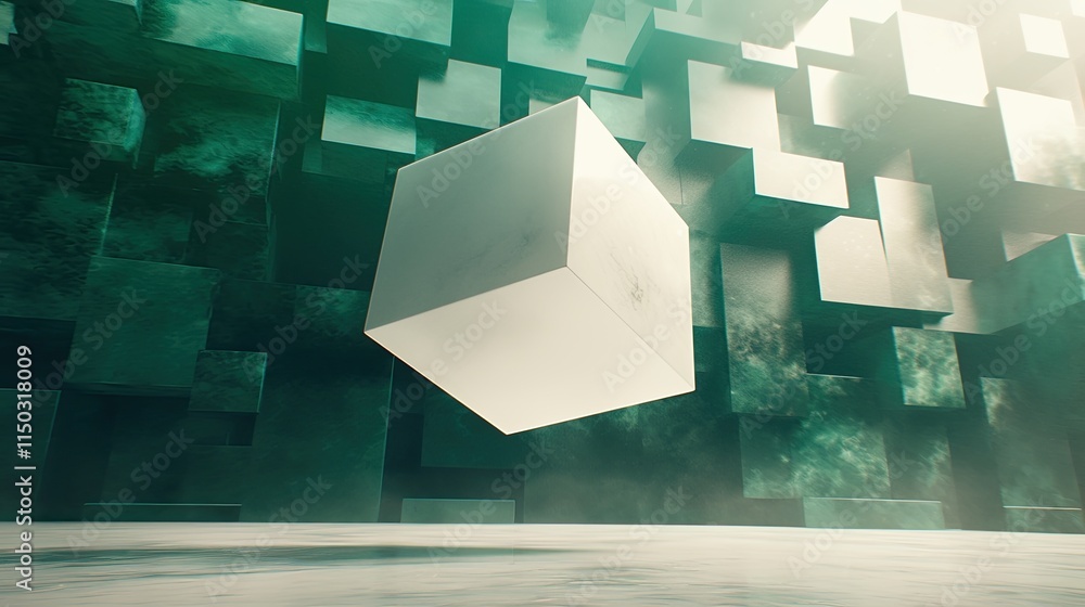 Poster Floating Quantum Processor in a Futuristic Digital Landscape of Abstract Cubes