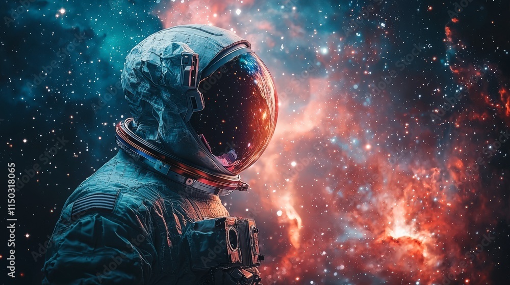 Poster astronaut's celestial double exposure portrait outer space digital art cosmic environment side view 