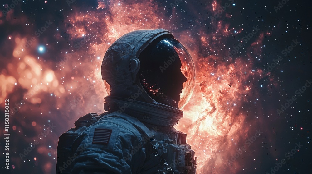 Poster astronaut profile against celestial background space double exposure art cosmic environment side vie