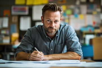 Fototapeta premium Thoughtful Professional Reviewing Papers at a Desk