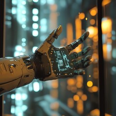 Futuristic Robotic Hand Showcasing Advanced Technology Against a Backdrop of Glowing City Lights During Nighttime