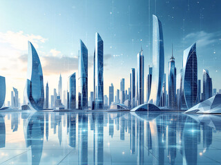 Obraz premium Futuristic cityscape with skyscrapers reflecting in water at dusk, showcasing advanced technology.