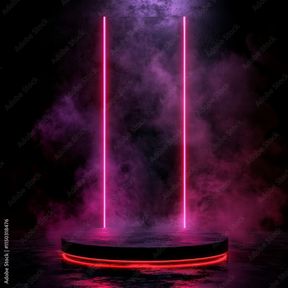 Poster colorful neon lights illuminate a circular platform surrounded by mist in a dark setting