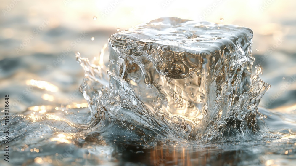 Poster liquid streams emanating from disintegrating ice cube serene lake abstract photography nature close-