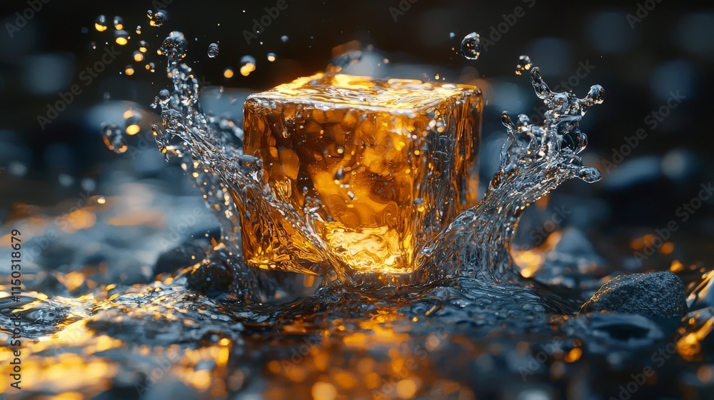 Poster liquid streams emerge from disintegrating ice cube underwater 3d render dynamic environment close-up