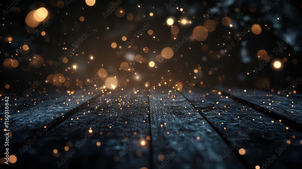 Poster A wooden surface sits in front of a dark background with glowing bokeh lights and sparkles.