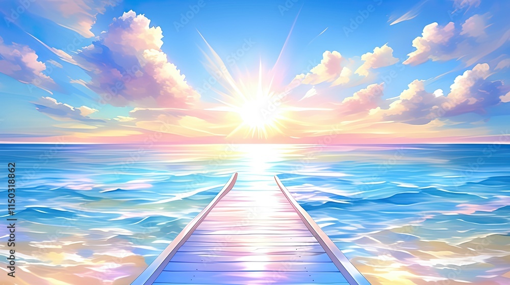 Poster captivating view of a serene pathway leading to a luminous ocean under a radiant sky at sunset