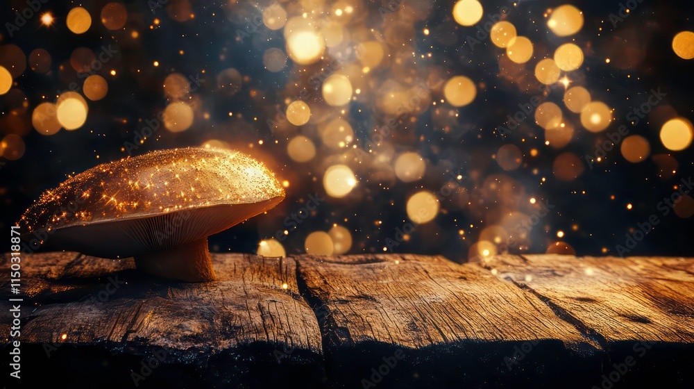 Poster glowing mushroom on rustic wooden table with bokeh background.