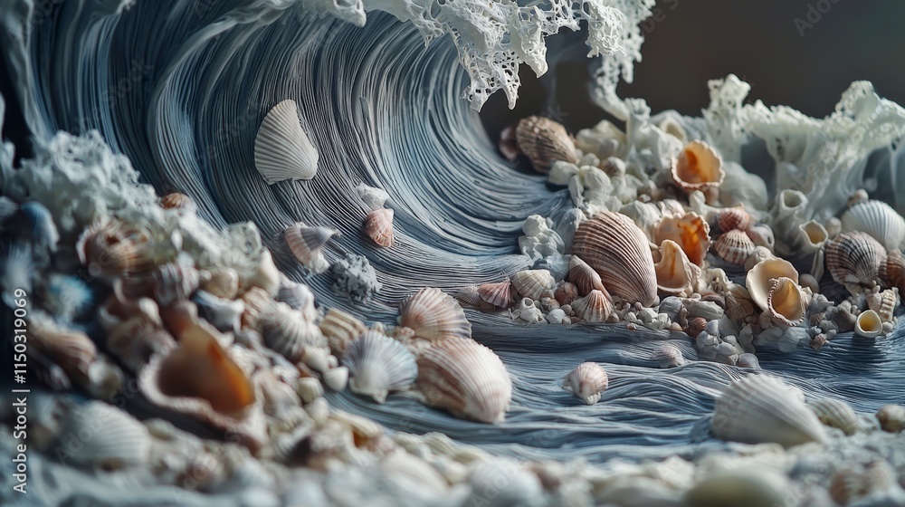 Poster cascading waves of clay sculptures with shells coastal art detailed imagery oceanic texture aestheti