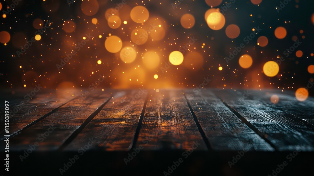 Poster a wooden surface sits in front of a dark background with glowing bokeh lights and sparkles.