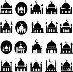 This mosque icon set features intricate domes, minarets, crescents, and Islamic architectural details, reflecting the elegance of Islamic art. Perfect for religious, cultural, educational etc.