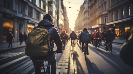 Obraz premium Workers commuting by bicycle in the city at sunset