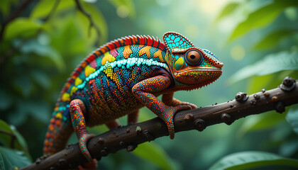 Fototapeta premium A colorful chameleon resting on a branch, blending beautifully with its surroundings in a lush environment.