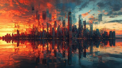 Fragmented cityscape at sunset urban landscape hyperrealistic artwork reflective water vibrant colors modern concept