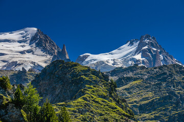 Glacier le Bossons in the french Alps, Chamonix valley, Montblanc. The glacier crevasse and huge...