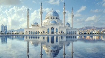 Majestic mosque reflected in calm water.