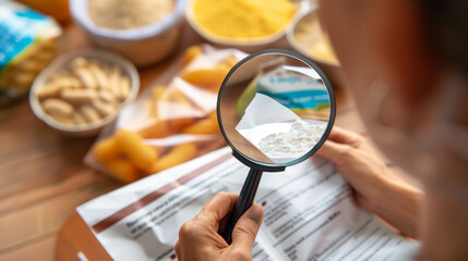 Woman examining food package label with magnifying glass for allergy details, blurred background of diverse food items highlighting label reading for safety.