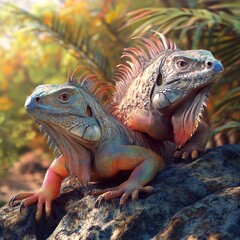 Pair of Colorful Iguanas Resting on a Rock in Tropical Habitat