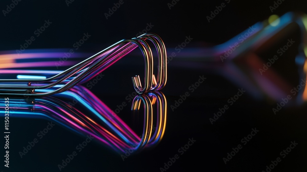 Poster dynamic metallic paper clips bending in colorful light abstract art studio environment close-up view