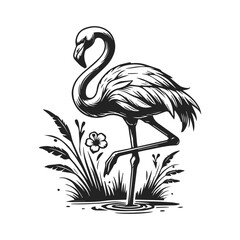 Elegant Flamingo Line Art in Black & White, Stylized Black and White Flamingo Illustration