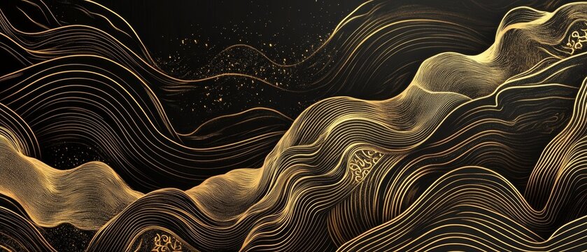Luxury gold oriental style background vector. Chinese and Japanese oriental line art with golden texture