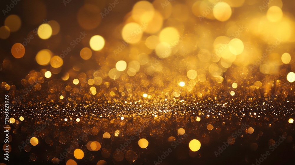 Poster Golden glitter bokeh background with sparkling lights and dark texture.